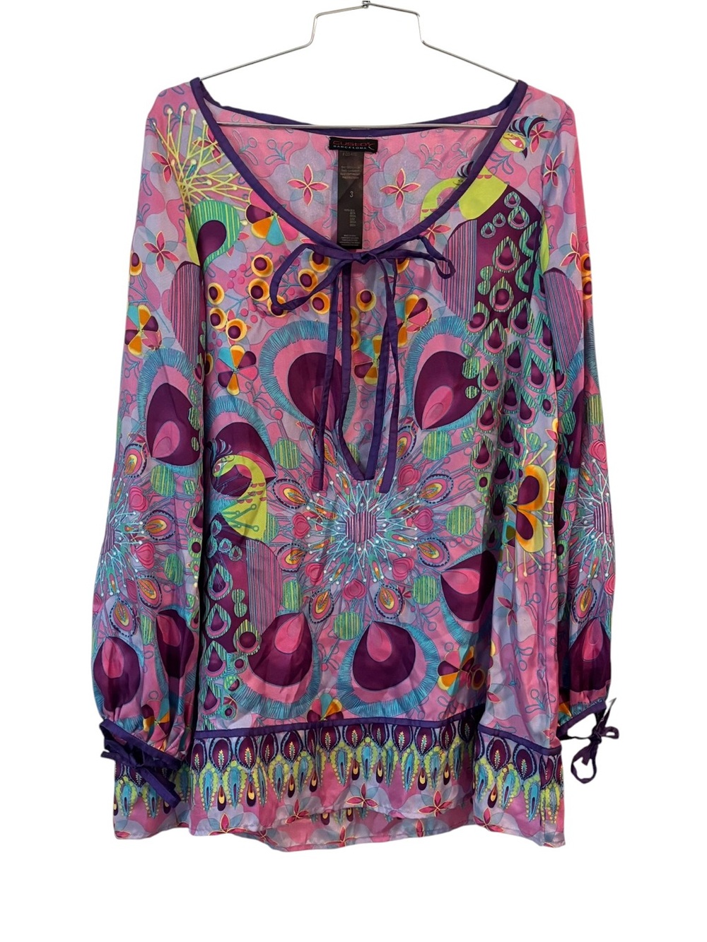 Custo Barcelona Silk Boho Blouse Purple Peacock Art to Wear Psychedelic Size 3